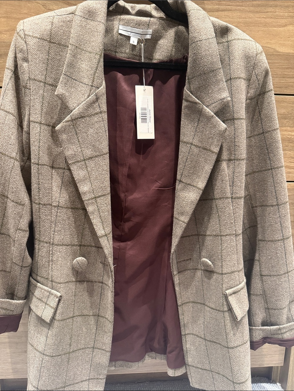 The line Checked Wool-Blend Blazer Coat in tan with Brown.